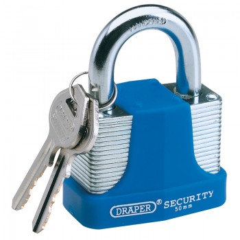 Laminated Steel Padlock and 2 Keys with Hardened Steel Shackle and Bumper, 50mm